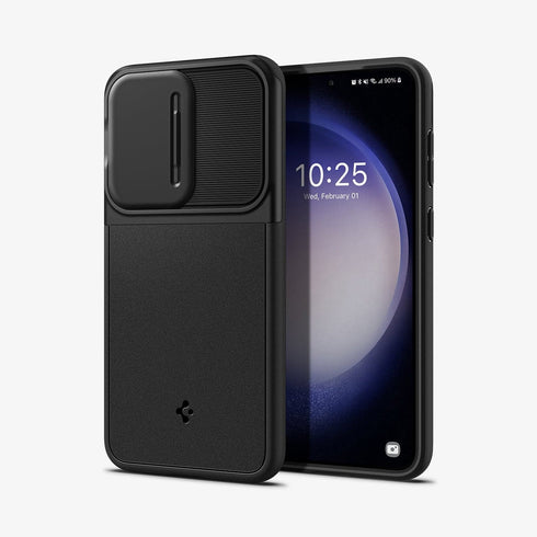ACS05639 - Galaxy S23 Ultra Case Optik Armor in black showing the back with lens protector slot open
